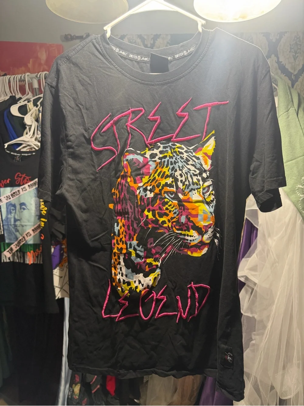 Street Legend Black Graphic Tee with Colorful Leopard